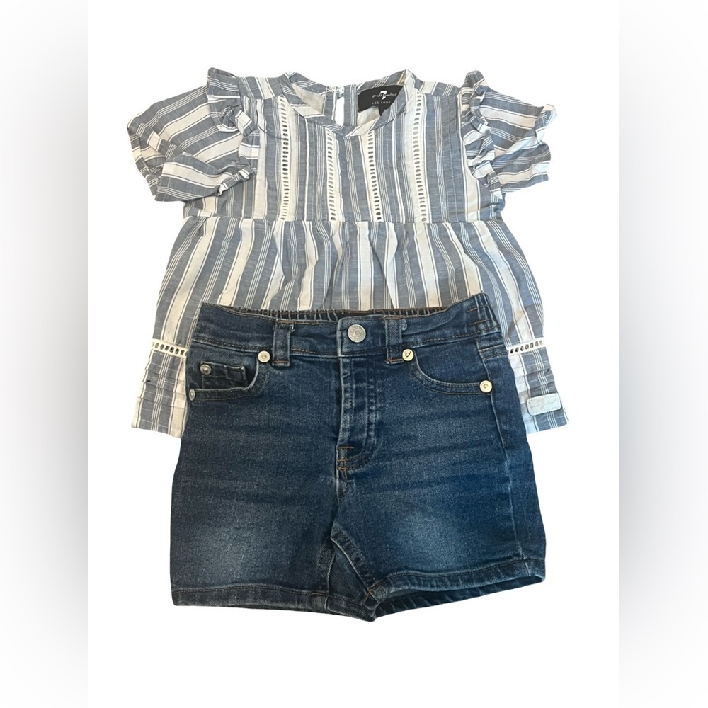 7 For All Mankind Blue and White Striped Girls Blouse with Jean Shorts. Size:24M